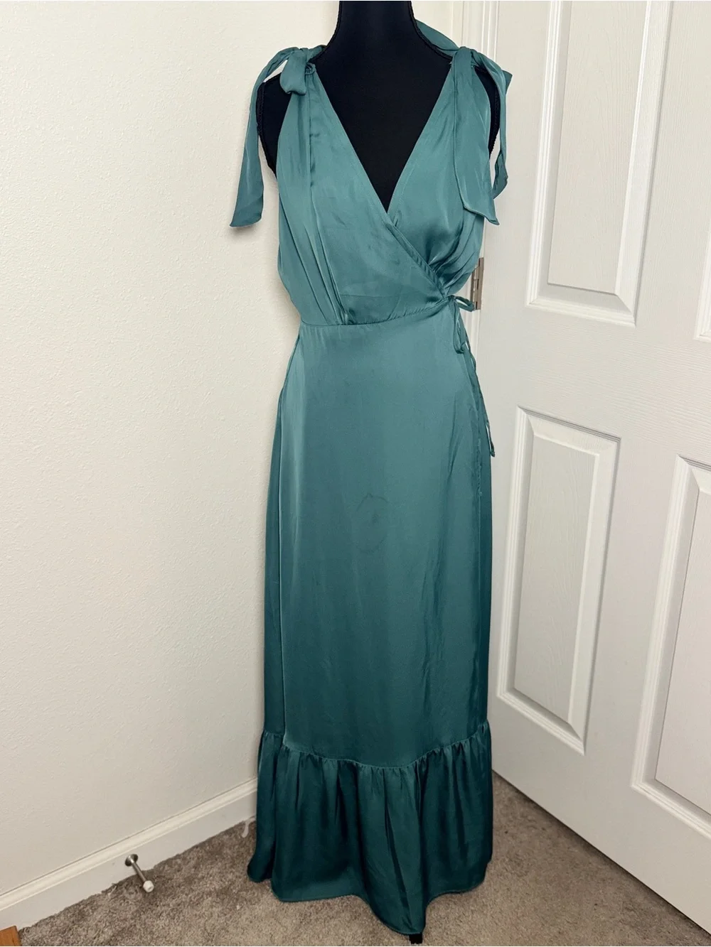 Abercrombie Satin Wrap Maxi Dress Teal Tie Shoulder Open Back Wedding Guest S